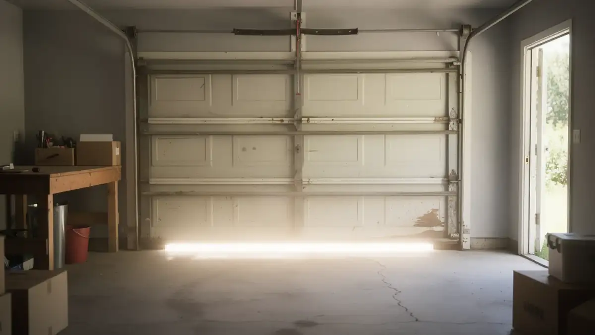 The garage door is partially open, showing light coming from outside.