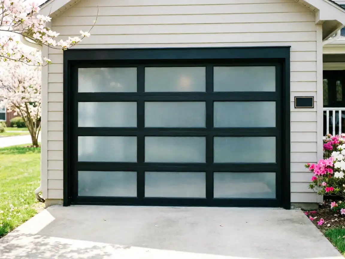 A modern black garage door with frosted glass panels is on a light-colored house.