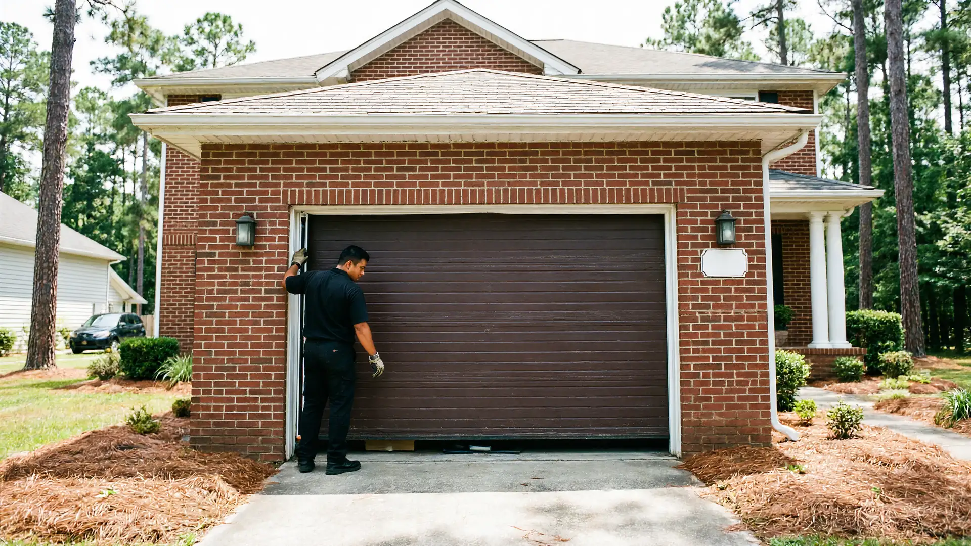 A technician in a black shirt is working on a brown garage door.
